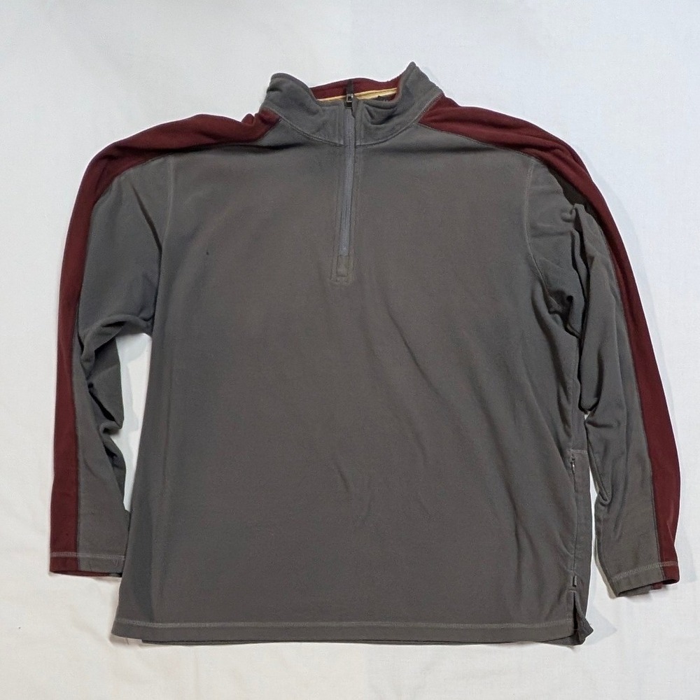REI Mens XL Quarter Zip Fleece Pullover Gray Burgundy Mock Neck Sweater Jacket